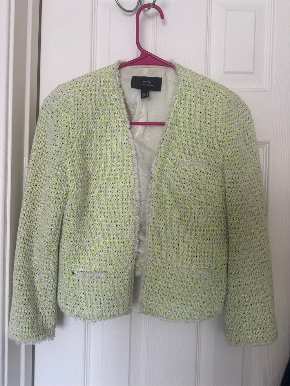 Mango Light Green Tweed Open-Front Women's Jacket
